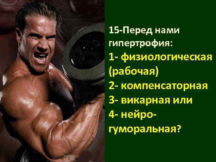 15 -Перед нами гипертрофия: 1 - физиологическая (рабочая) 2 - компенсаторная 3 - викарная