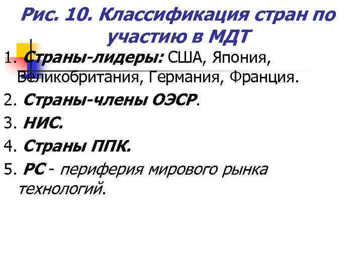  Рис. 10. Классификация стран по  участию в МДТ 1. Страны-лидеры: США, Япония,