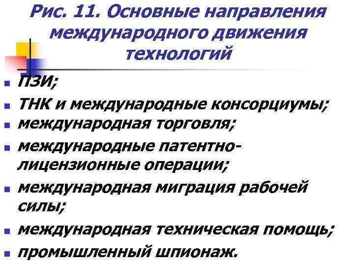  Рис. 11. Основные направления  международного движения   технологий n  ПЗИ;