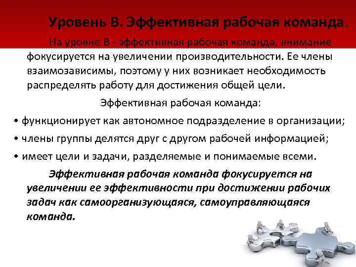  Уровень В. Эффективная рабочая команда.   На уровне В - эффективная рабочая
