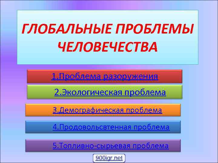 ГЛОБАЛЬНЫЕ ПРОБЛЕМЫ ЧЕЛОВЕЧЕСТВА  1. Проблема разоружения   2. Экологическая проблема  