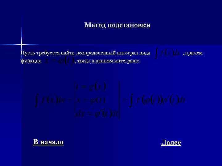     Метод подстановки  Пусть требуется найти неопределенный интеграл вида 
