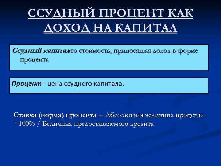   ССУДНЫЙ ПРОЦЕНТ КАК  ДОХОД НА КАПИТАЛ Ссудный капитал стоимость, приносящая доход
