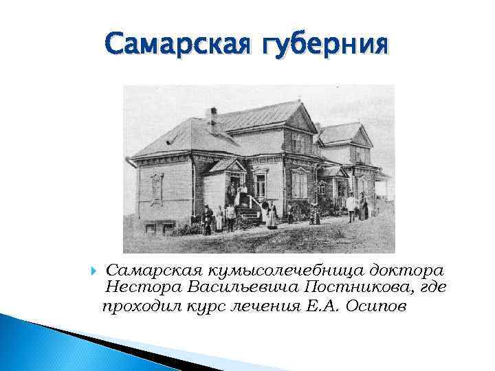   Самарская губерния   Самарская кумысолечебница доктора Нестора Васильевича Постникова, где проходил