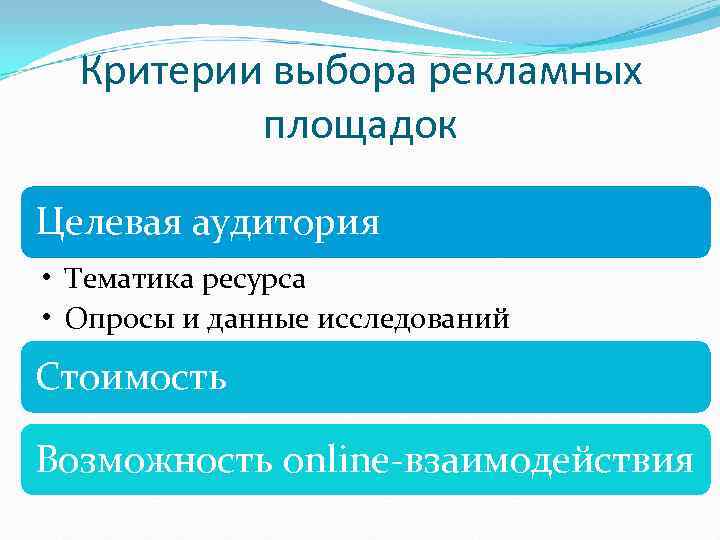  Критерии выбора рекламных  площадок Целевая аудитория • Тематика ресурса • Опросы и
