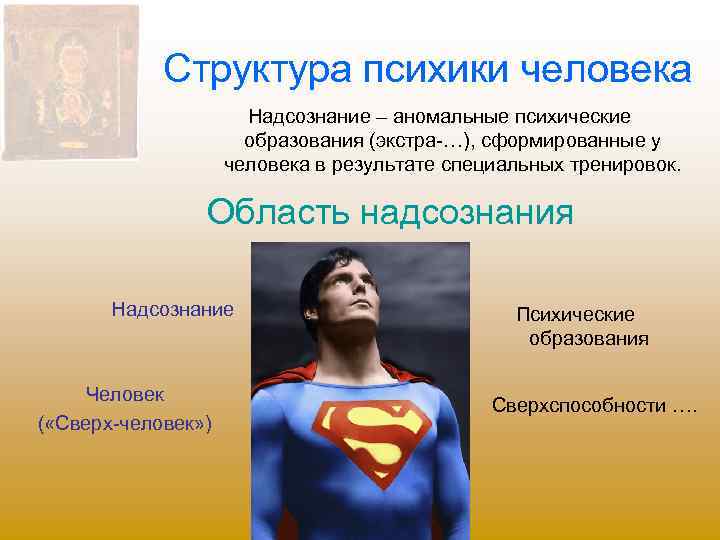 Структура психики человека Надсознание – аномальные психические образования (экстра-…), сформированные у человека в результате