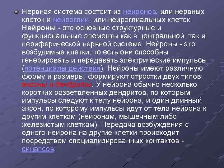 Нервная система состоит из нейронов, или нервных    клеток и нейроглии, или