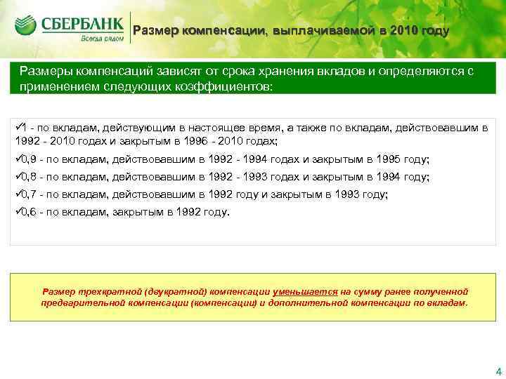      Размер компенсации, выплачиваемой в 2010 году  Размеры компенсаций