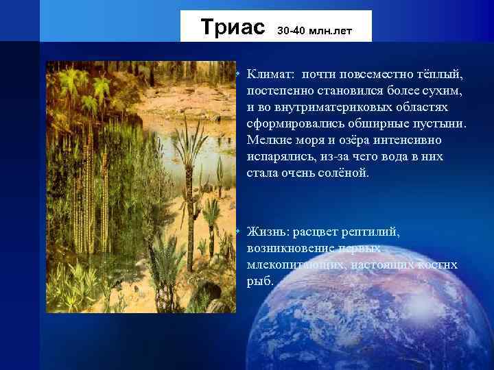 Триас  30 -40 млн. лет v Климат:  почти повсеместно тёплый,  постепенно