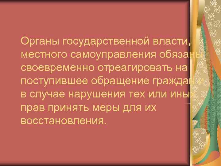 Органы государственной власти, местного самоуправления обязаны своевременно отреагировать на поступившее обращение граждан и в