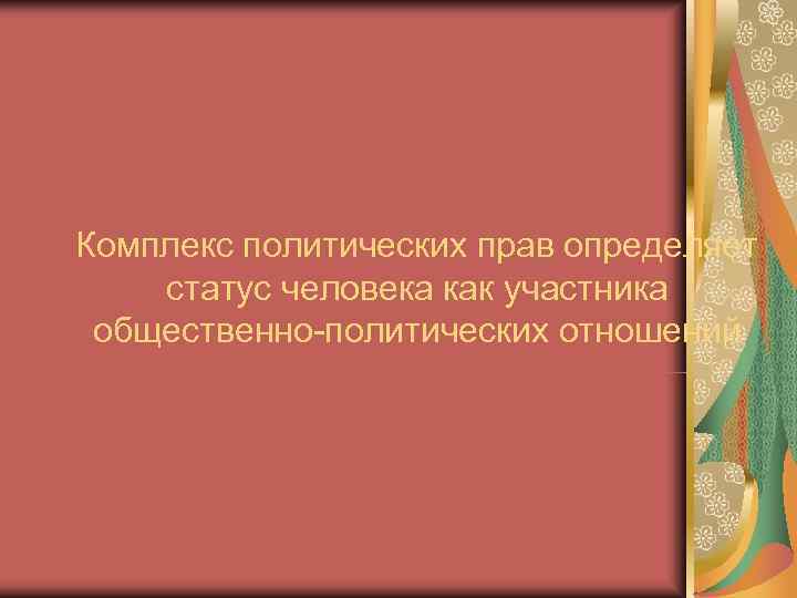 Комплекс политических прав определяет статус человека как участника общественно-политических отношений 