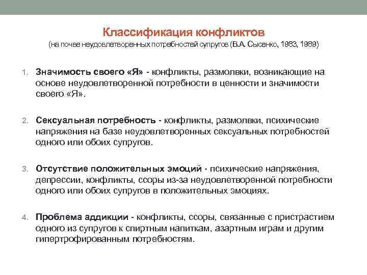     Классификация конфликтов (на почве неудовлетворенных потребностей супругов (В. А. Сысенко,