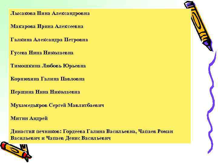 Лысакова Нина Александровна Макарова Ирина Алексеевна Галкина Александра Петровна Гусева Нина Николаевна Тимошкина Любовь