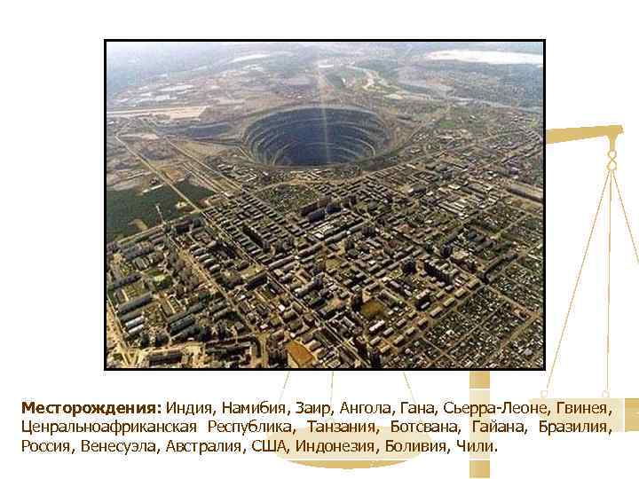 Месторождения: Индия, Намибия, Заир, Ангола, Гана, Сьерра-Леоне, Гвинея, Ценральноафриканская Республика, Танзания, Ботсвана, Гайана, Бразилия,