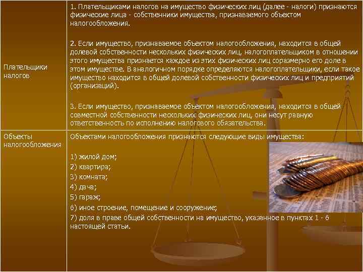    1. Плательщиками налогов на имущество физических лиц (далее - налоги) признаются