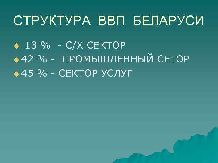 СТРУКТУРА ВВП БЕЛАРУСИ u 13 % - С/Х СЕКТОР u 42 % - ПРОМЫШЛЕННЫЙ