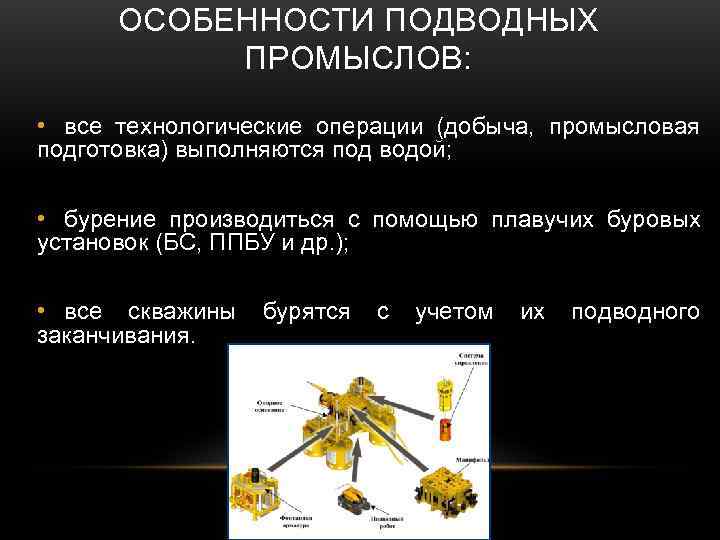  ОСОБЕННОСТИ ПОДВОДНЫХ   ПРОМЫСЛОВ:  • все технологические операции (добыча,  промысловая