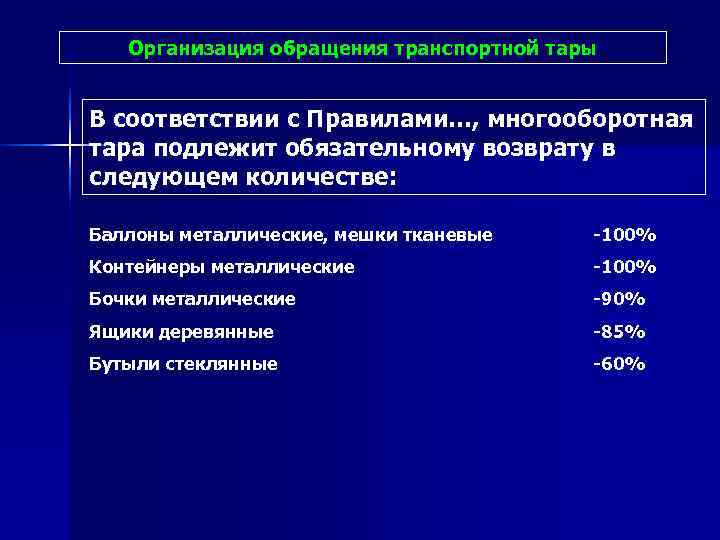   Организация обращения транспортной тары  В соответствии с Правилами…, многооборотная тара подлежит