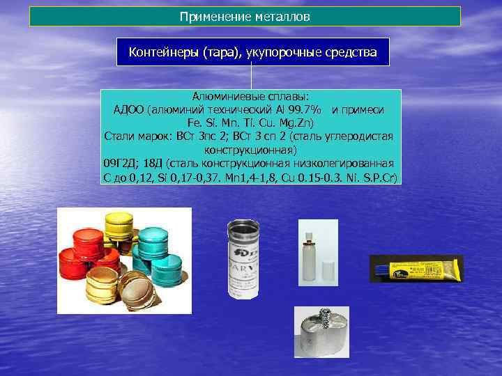 Применение металлов Контейнеры (тара), укупорочные средства Применение металлов Контейнеры (тара), укупорочные средства