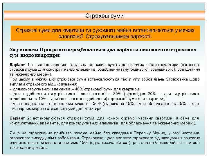        Страхові суми для квартири та рухомого майна