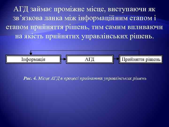  АГД займає проміжне місце, виступаючи як  зв’язкова ланка між інформаційним етапом і