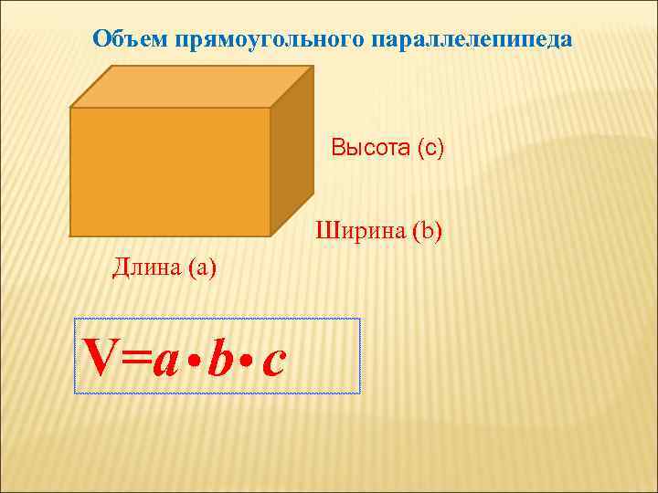 Объем прямоугольного параллелепипеда     Высота (c)    Ширина (b)