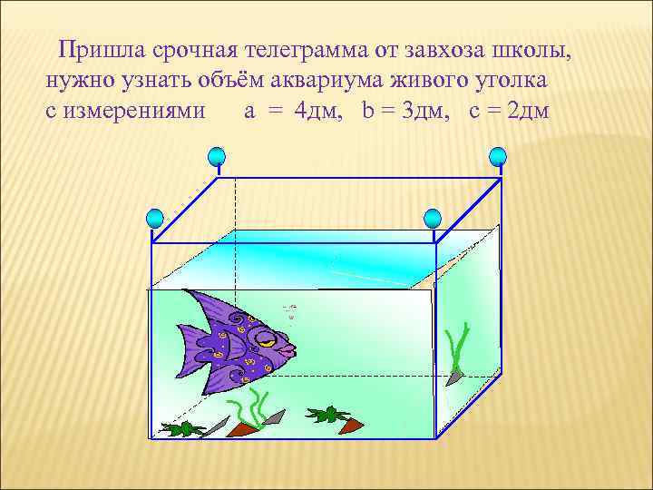  Пришла срочная телеграмма от завхоза школы, нужно узнать объём аквариума живого уголка с