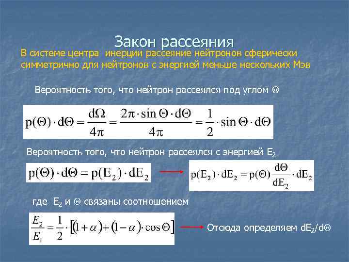     Закон рассеяния В системе центра инерции рассеяние нейтронов сферически симметрично