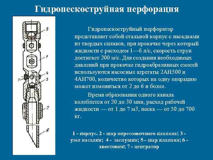 Гидропескоструйная перфорация Гидропескоструйный перфоратор представляет собой стальной корпус с насадками Гидропескоструйная перфорация Гидропескоструйный перфоратор представляет собой стальной корпус с насадками