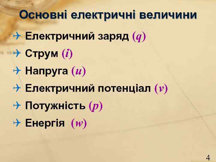 Основні електричні величини Електричний заряд (q) Струм (i) Напруга (u) Основні електричні величини Електричний заряд (q) Струм (i) Напруга (u)