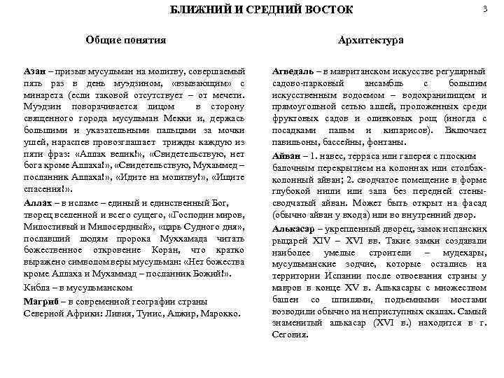  БЛИЖНИЙ И СРЕДНИЙ ВОСТОК 3 Общие понятия Архитектура Азан – призыв мусульман на