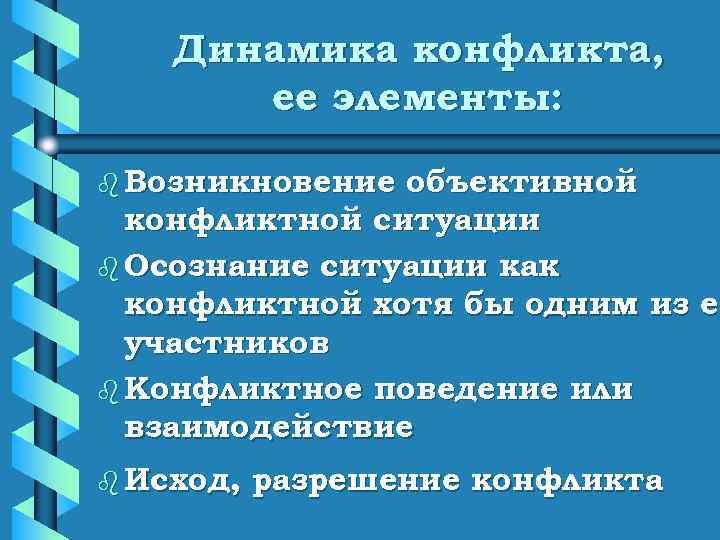   Динамика конфликта,   ее элементы:  b Возникновение объективной  конфликтной