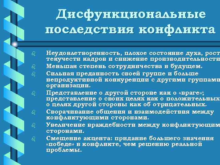  Дисфункциональные последствия конфликта b  Неудовлетворенность, плохое состояние духа, рост текучести кадров и