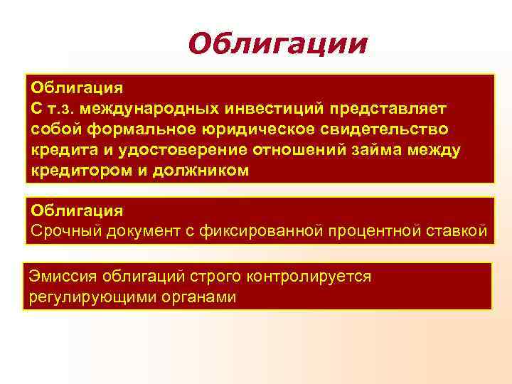    Облигации Облигация С т. з. международных инвестиций представляет собой формальное юридическое