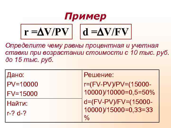 Пример r = V/РV d = V/FV Определите чему Пример r = V/РV d = V/FV Определите чему