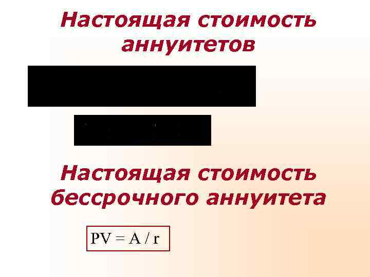 Настоящая стоимость аннуитетов Настоящая стоимость бессрочного аннуитета PV = A / r Настоящая стоимость аннуитетов Настоящая стоимость бессрочного аннуитета PV = A / r