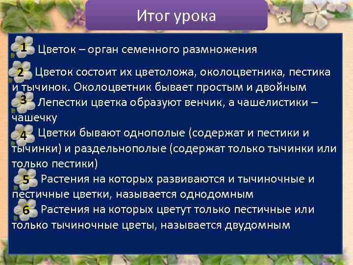      Итог урока  1   Цветок – орган