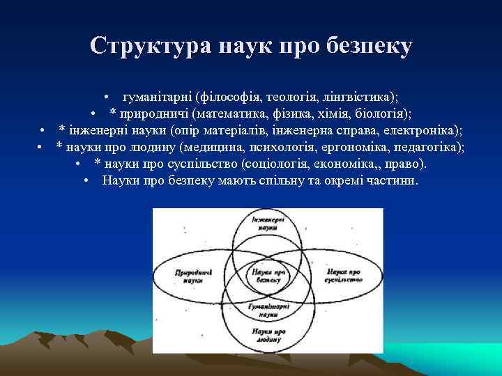   Структура наук про безпеку  • гуманітарні (філософія, теологія, лінгвістика);  •