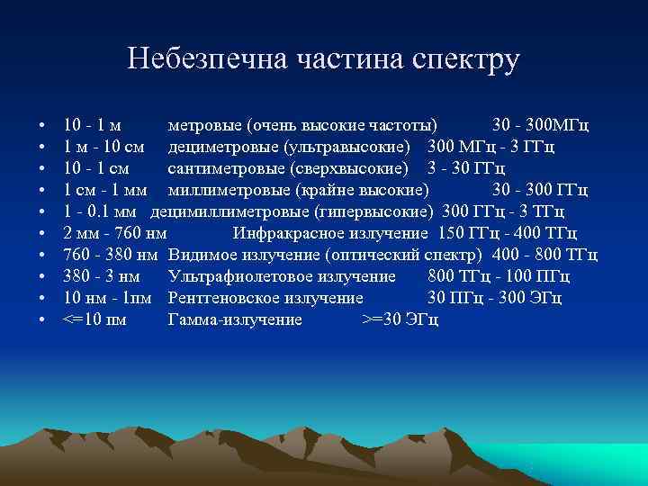   Небезпечна частина спектру  •  10 - 1 м  метровые