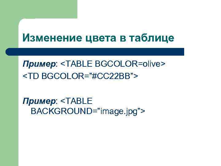 Изменение цвета в таблице Пример: <TABLE BGCOLOR=olive> <TD BGCOLOR=”#CC 22 BB”> Пример: <TABLE BACKGROUND=”image.
