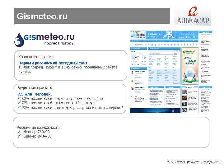 Gismeteo. ru Концепция проекта: Первый российский погодный сайт. 10 лет подряд входит в 10