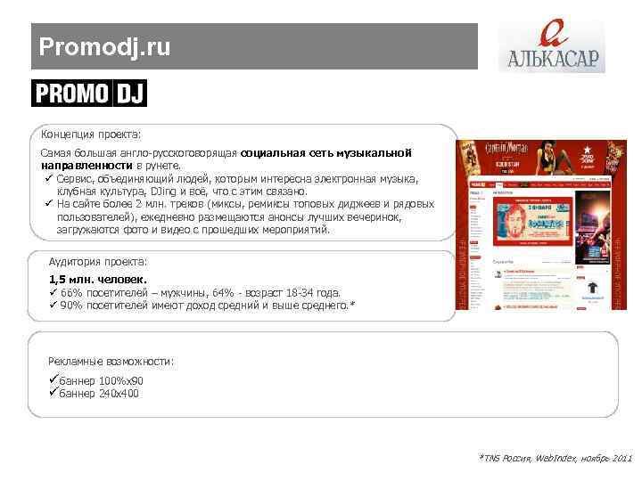 Promodj. ru Концепция проекта: Самая большая англо-русскоговорящая социальная сеть музыкальной направленности в рунете. ü