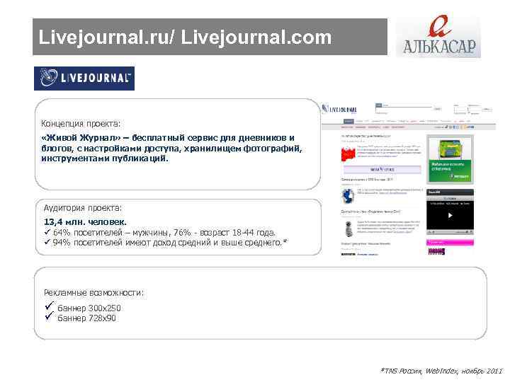 Livejournal. ru/ Livejournal. com Концепция проекта: «Живой Журнал» – бесплатный сервис для дневников и