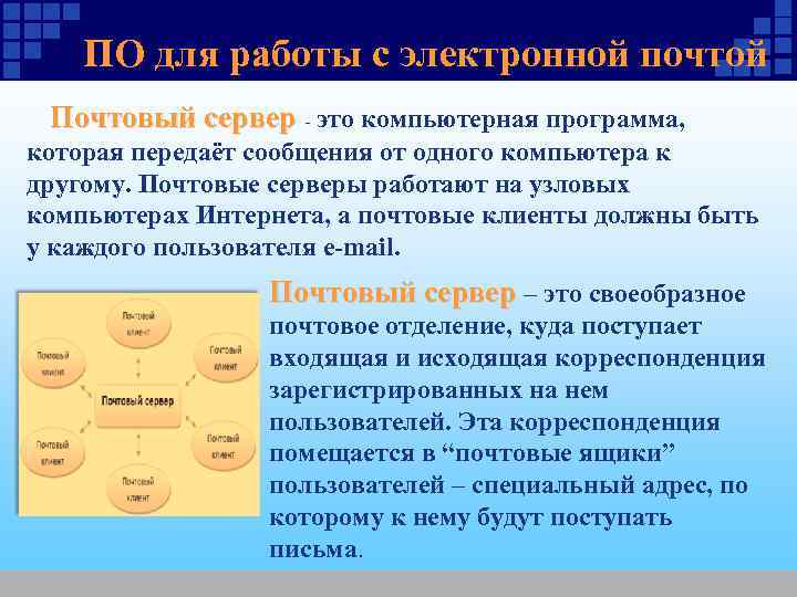 ПО для работы с электронной почтой Почтовый сервер - это компьютерная ПО для работы с электронной почтой Почтовый сервер - это компьютерная