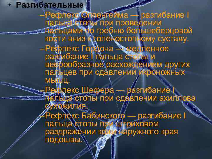  • Разгибательные  – Рефлекс Оппенгейма — разгибание I  пальца стопы при