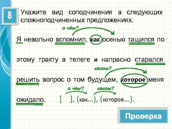  Укажите вид соподчинения в следующих сложноподчиненных предложениях.   о чём?  Я