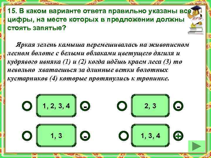15. В каком варианте ответа правильно указаны все цифры, на месте которых в предложении