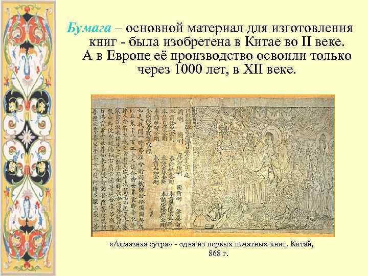 Бумага – основной материал для изготовления  книг - была изобретена в Китае во