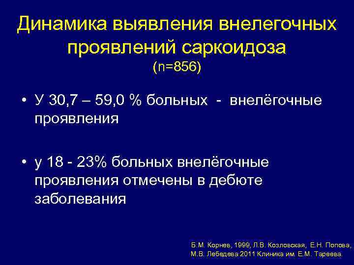 Динамика выявления внелегочных проявлений саркоидоза (n=856) • У 30, 7 – Динамика выявления внелегочных проявлений саркоидоза (n=856) • У 30, 7 –