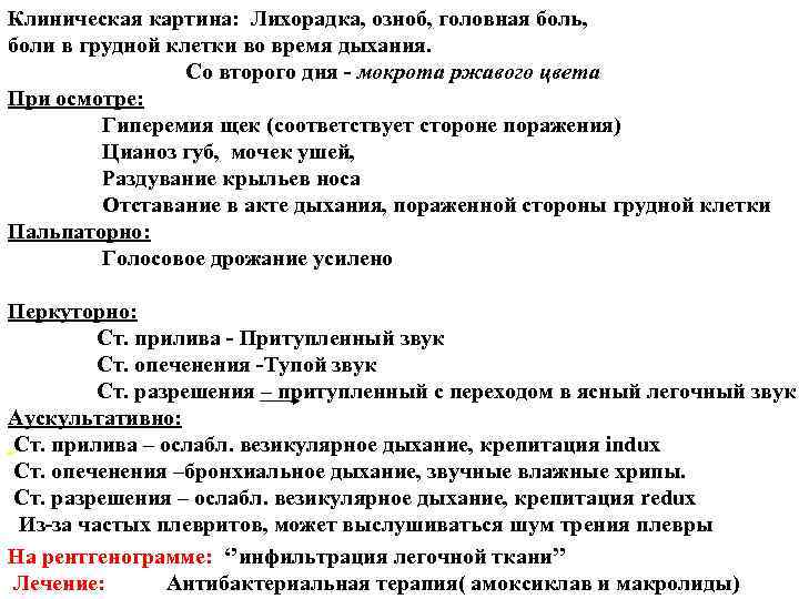 Клиническая картина: Лихорадка, озноб, головная боль, боли в грудной клетки во время дыхания. Клиническая картина: Лихорадка, озноб, головная боль, боли в грудной клетки во время дыхания.